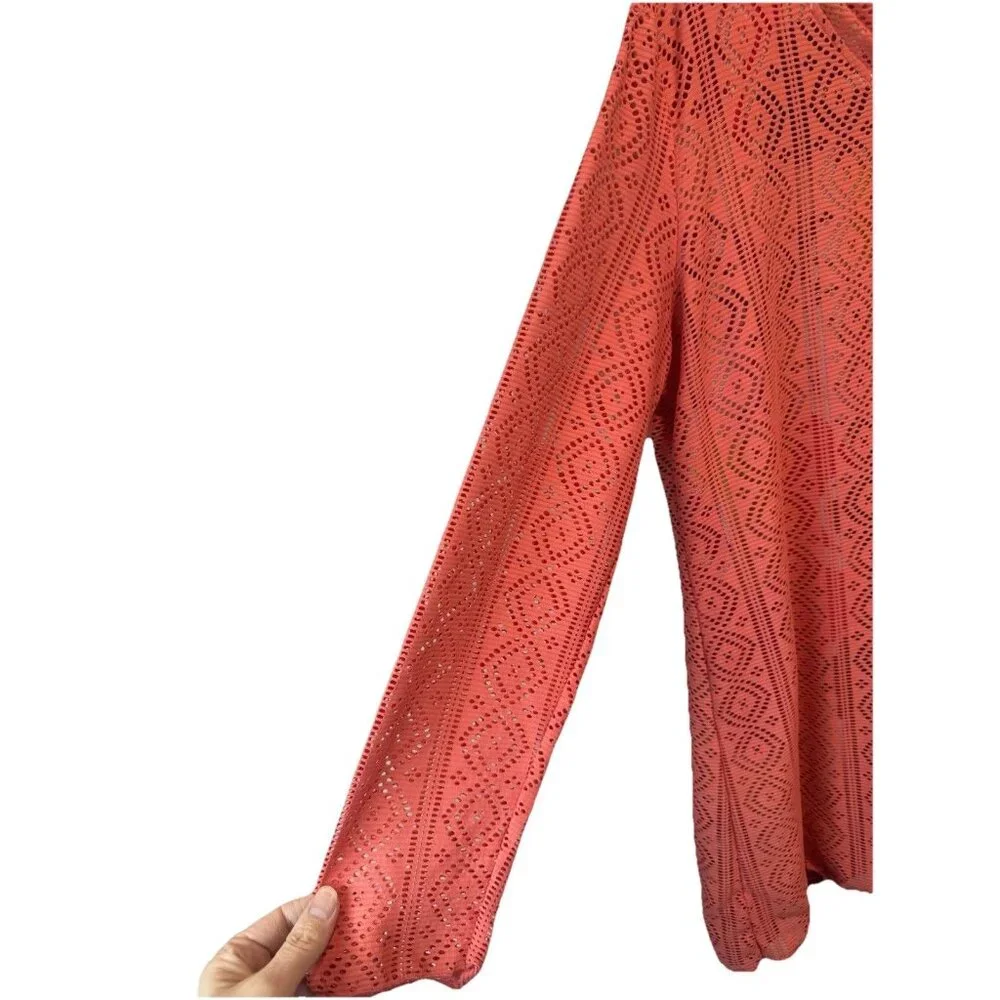 Title Nine Womens Coral‎ Laser Cut Mesh Hooded Tunic Swim Cover Up XL Resortwear